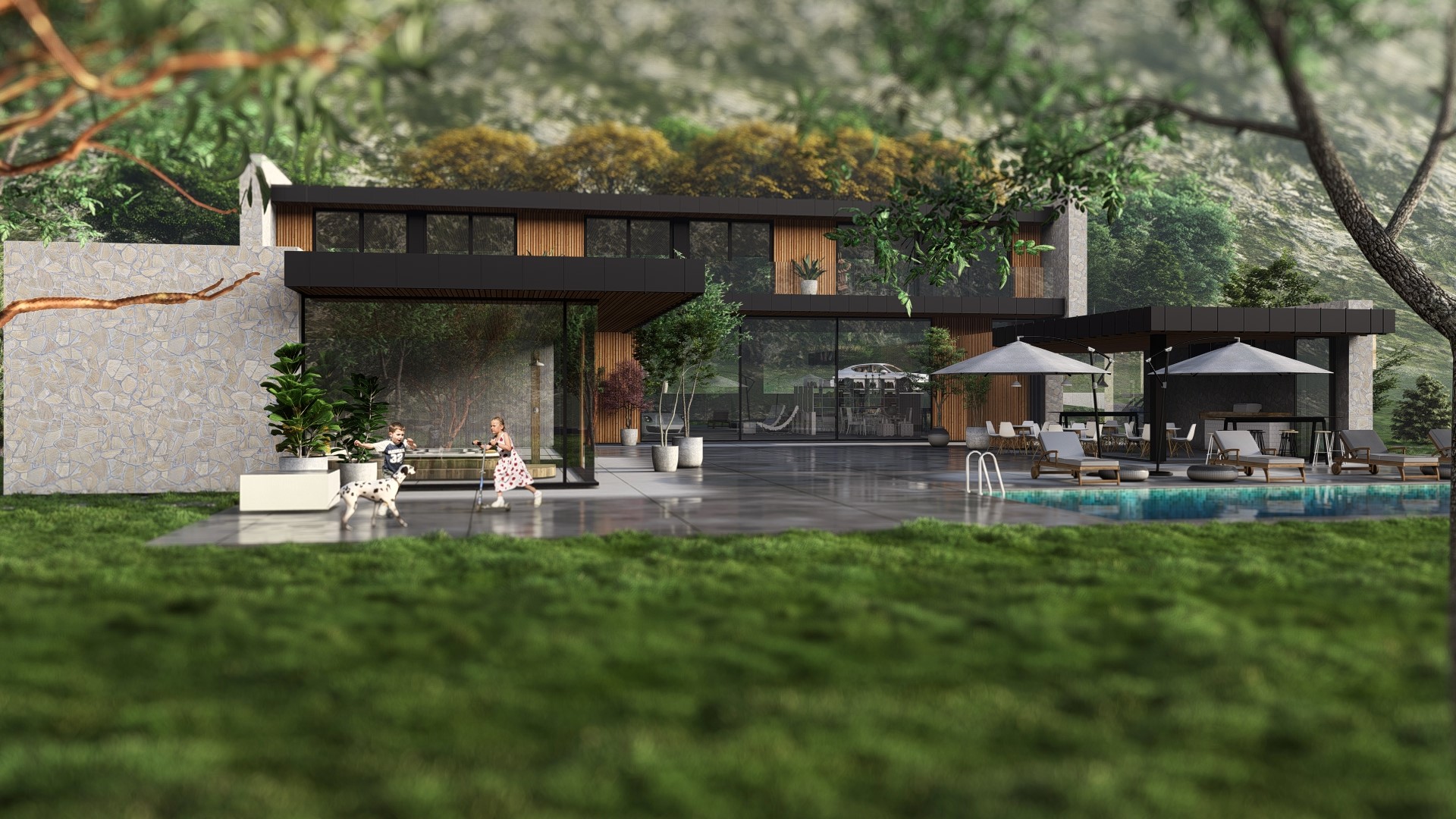 Garden terrace at dusk